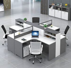 Modern L-Shaped Office Desk with Integrated Shelving & Partition Panels - With Cabinet _ Cross-shaped 4-seater _ L110 x W106 x H43
